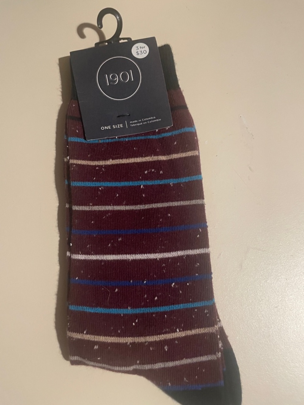 1901 Men's Burgundy Striped Casual Socks with Blue and Cream Accents